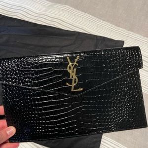SAINT LAURENT Uptown Croc Patent Leather Handbag